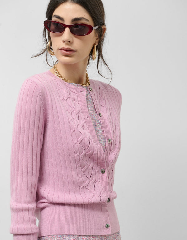 Knitwear | Pink cable knitted wool/cotton ribbed cardigan by Spanish designer Roberto Verino