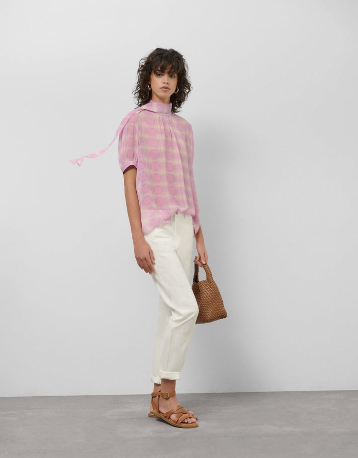 Shirts & Blouses | Pink checkered short sleeved blouse with tie collar by Spanish designer Roberto Verino