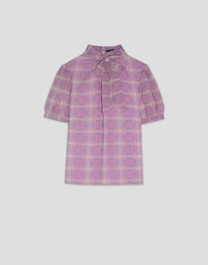 Shirts & Blouses | Pink checkered short sleeved blouse with tie collar by Spanish designer Roberto Verino