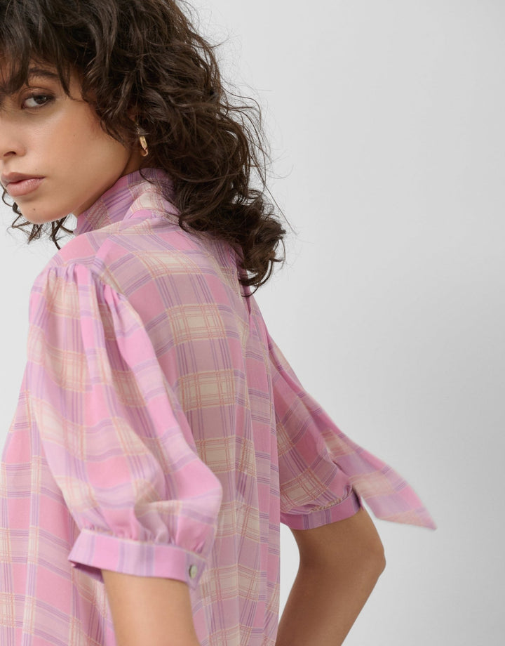 Shirts & Blouses | Pink checkered short sleeved blouse with tie collar by Spanish designer Roberto Verino