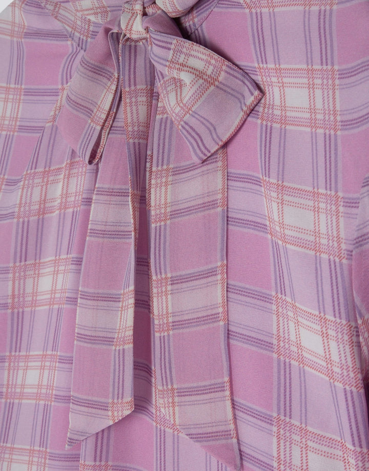 Shirts & Blouses | Pink checkered short sleeved blouse with tie collar by Spanish designer Roberto Verino