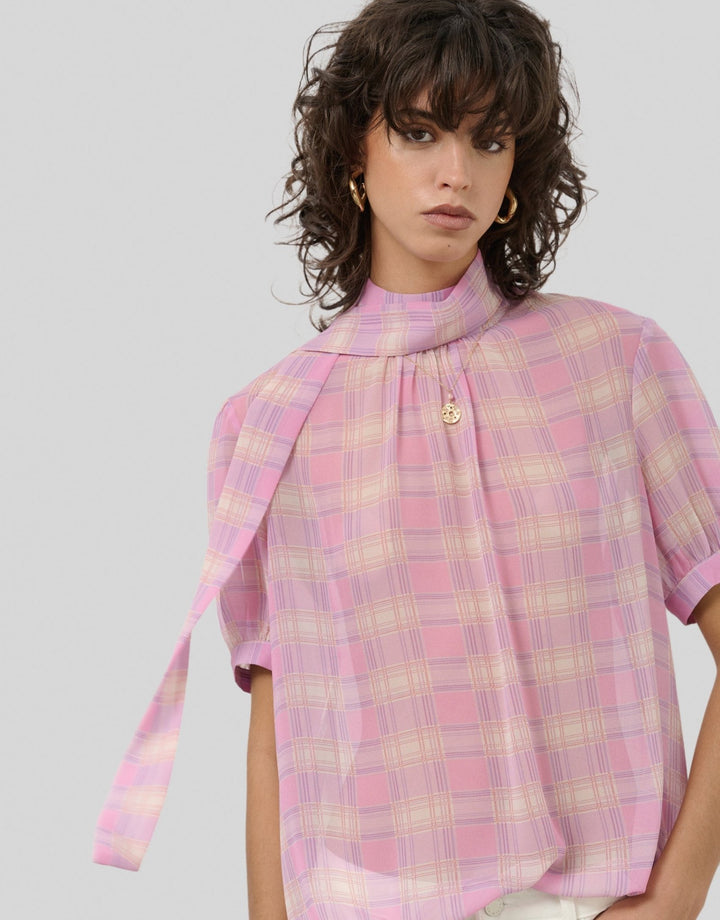 Shirts & Blouses | Pink checkered short sleeved blouse with tie collar by Spanish designer Roberto Verino