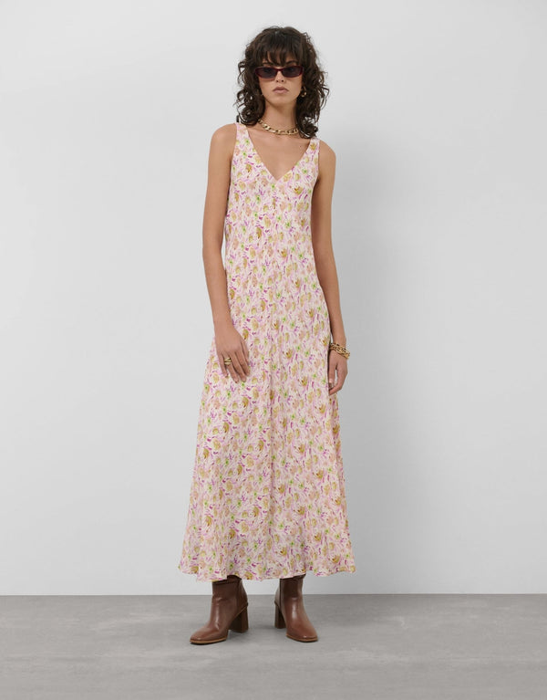 Dresses | Pink midi halter dress with puckering and floral print by Spanish designer Roberto Verino