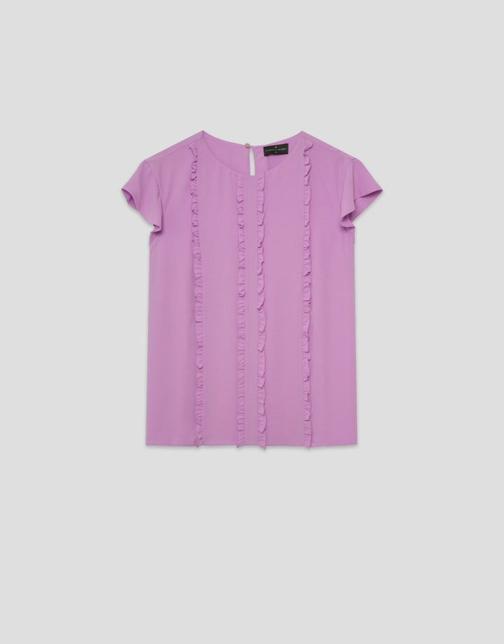 Shirts & Blouses | Pink short sleeve blouse with mini ruffles on the front by Spanish designer Roberto Verino