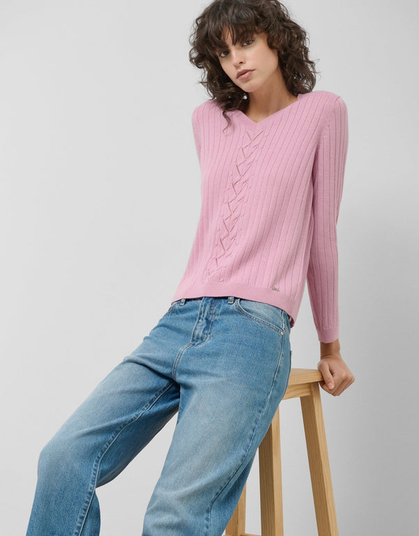 Knitwear | Pink wool V - neck sweater with central stripe by Spanish designer Roberto Verino