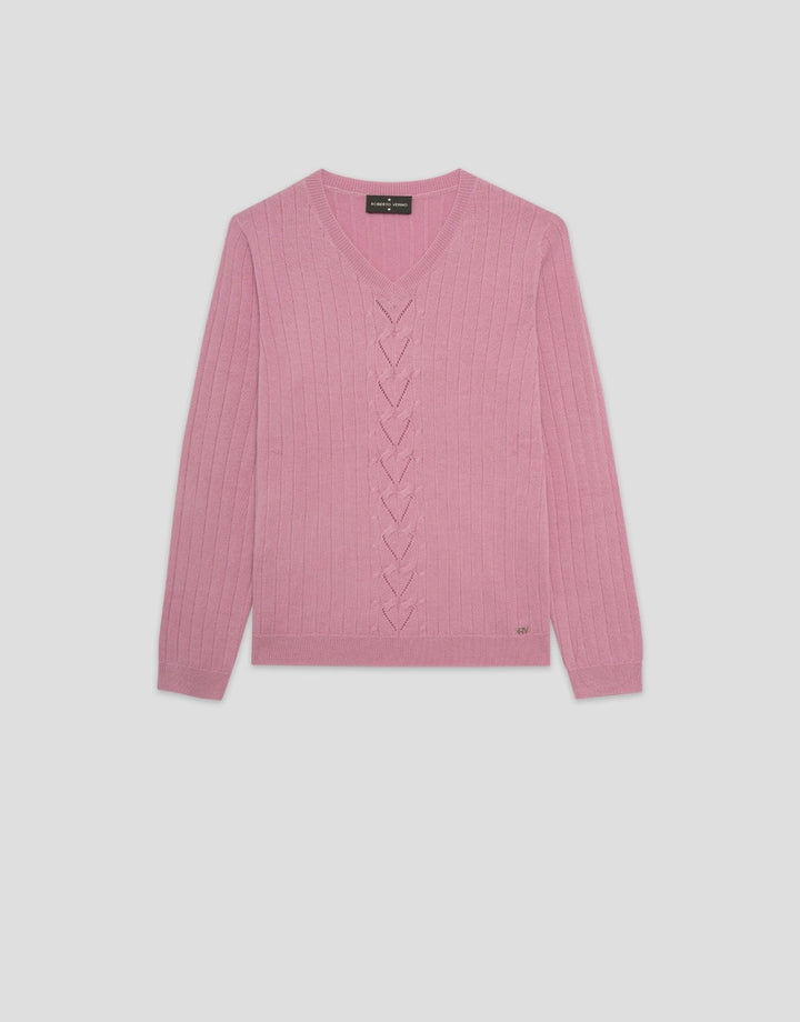 Knitwear | Pink wool V - neck sweater with central stripe by Spanish designer Roberto Verino