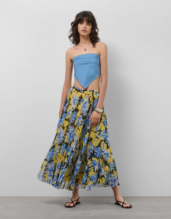 Skirts | Pleated georgette crepe midi skirt with blue floral print by Spanish designer Roberto Verino