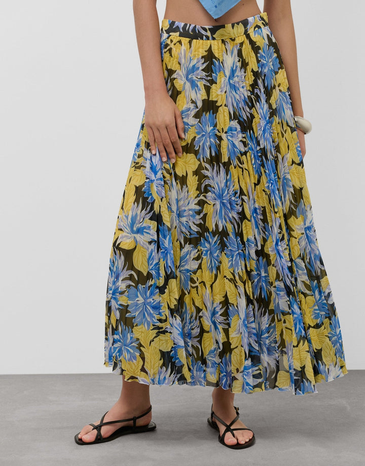 Skirts | Pleated georgette crepe midi skirt with blue floral print by Spanish designer Roberto Verino
