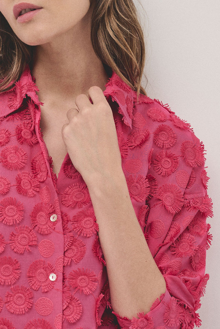 Shirts | Raspberry oversize fil coupé blouse with circle design by Spanish designer Roberto Verino