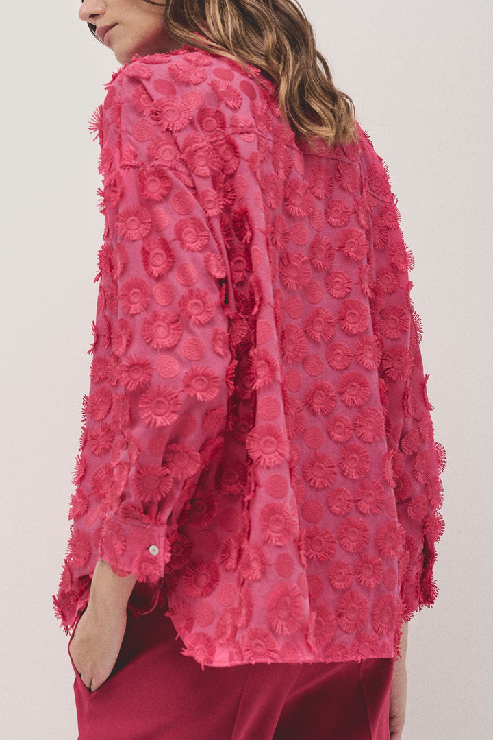 Shirts | Raspberry oversize fil coupé blouse with circle design by Spanish designer Roberto Verino