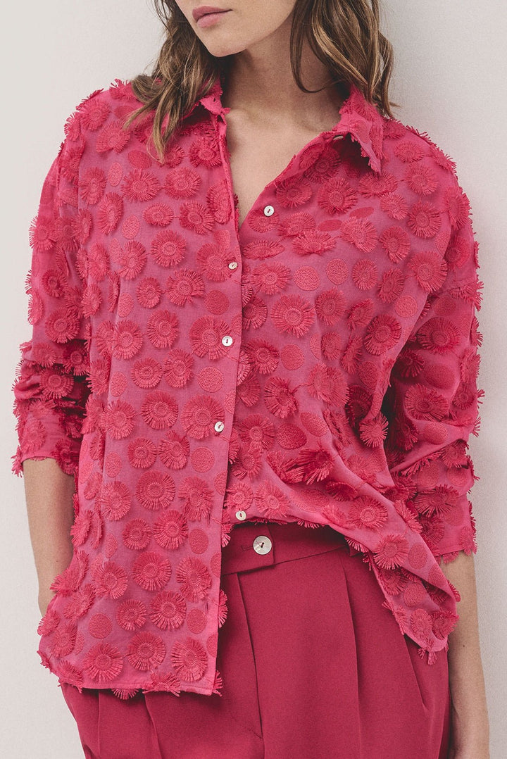 Shirts | Raspberry oversize fil coupé blouse with circle design by Spanish designer Roberto Verino