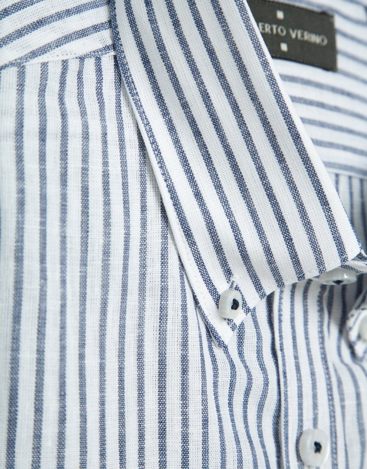 Shirts | Regular ink blue/white striped linen sport shirt by Spanish designer Roberto Verino