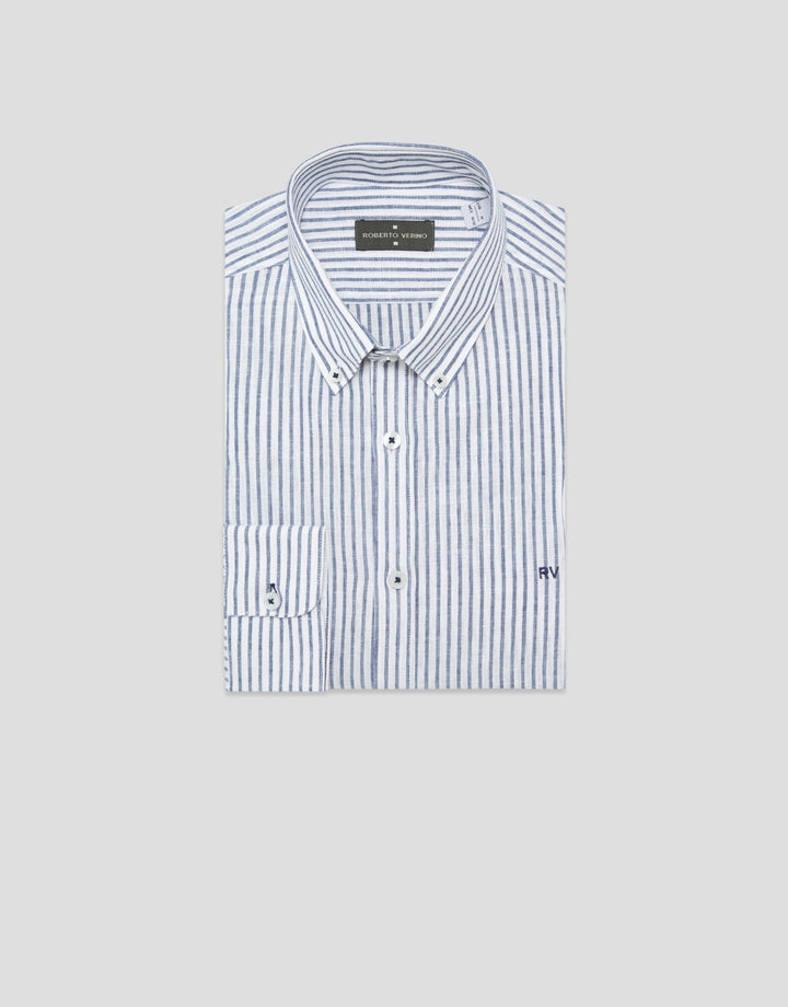 Shirts | Regular ink blue/white striped linen sport shirt by Spanish designer Roberto Verino
