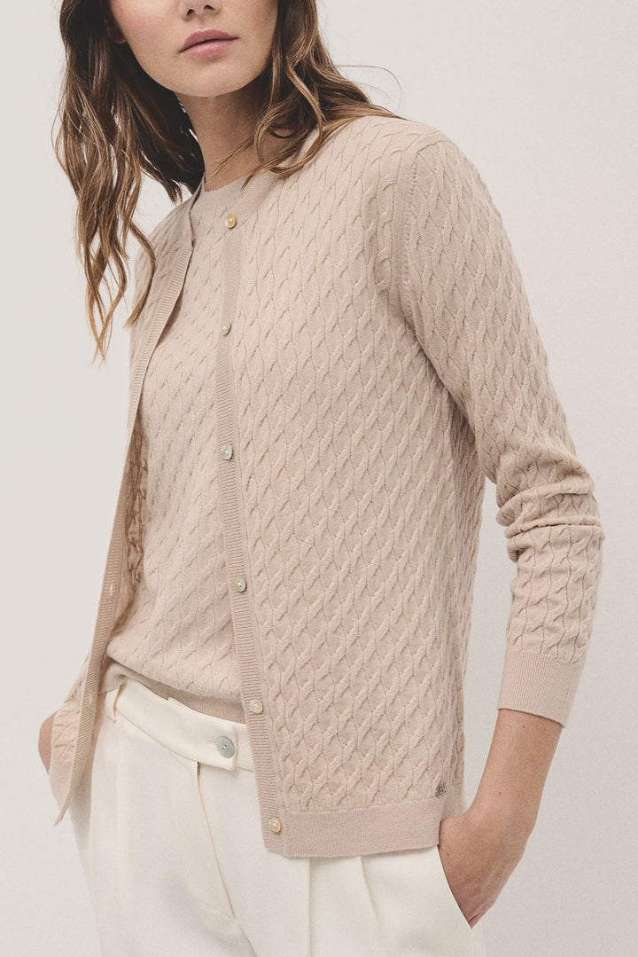 Shirts | Round neck beige wool knitted cardigan by Spanish designer Roberto Verino