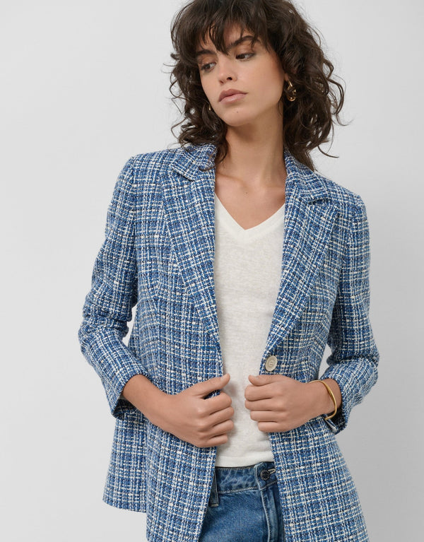 Jackets | Short blue tweed jacket with lurex threads and sequins by Spanish designer Roberto Verino