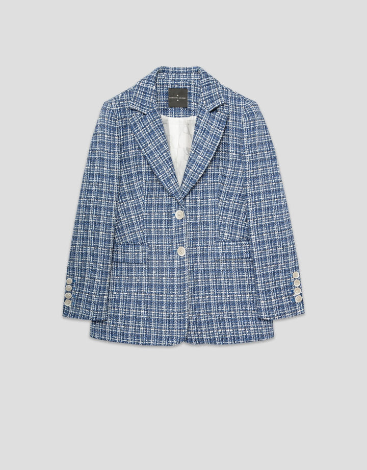 Jackets | Short blue tweed jacket with lurex threads and sequins by Spanish designer Roberto Verino