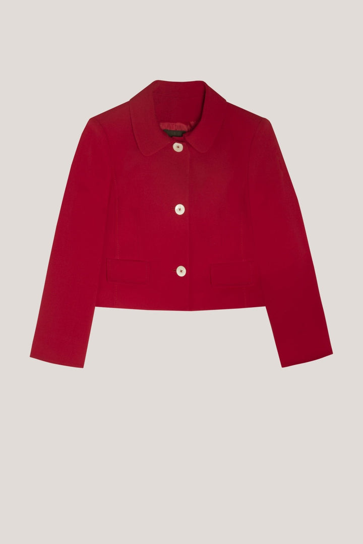 Knitwear | Short red crepe jacket with pockets on waist by Spanish designer Roberto Verino