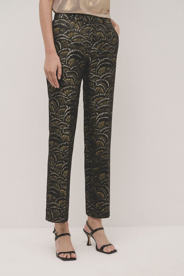 Pants | Straight jacquard golden waves pants by Spanish designer Roberto Verino