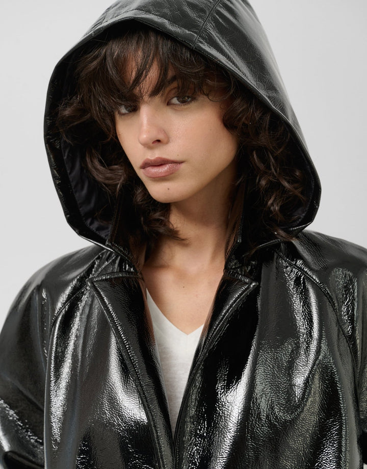 Outwear | Technical fabric trench coat with black patent leather finish by Spanish designer Roberto Verino