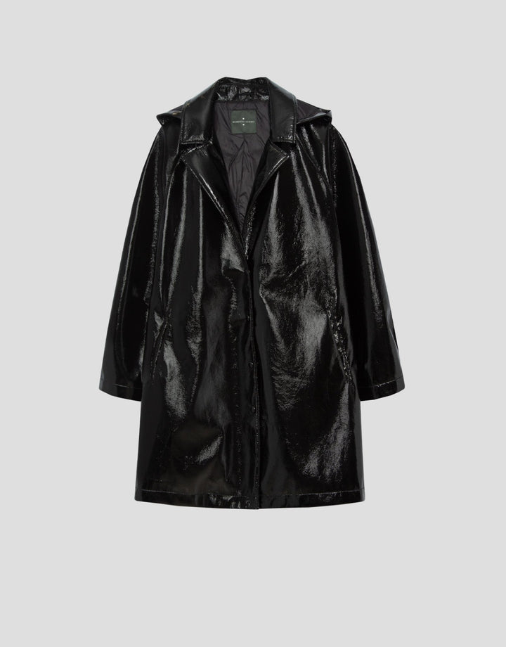 Outwear | Technical fabric trench coat with black patent leather finish by Spanish designer Roberto Verino