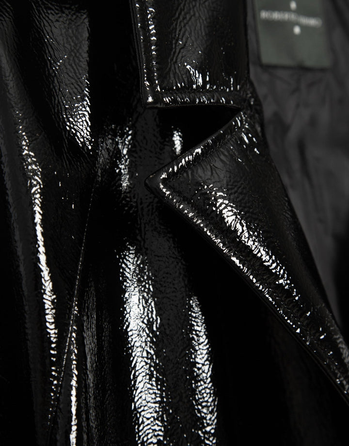 Outwear | Technical fabric trench coat with black patent leather finish by Spanish designer Roberto Verino