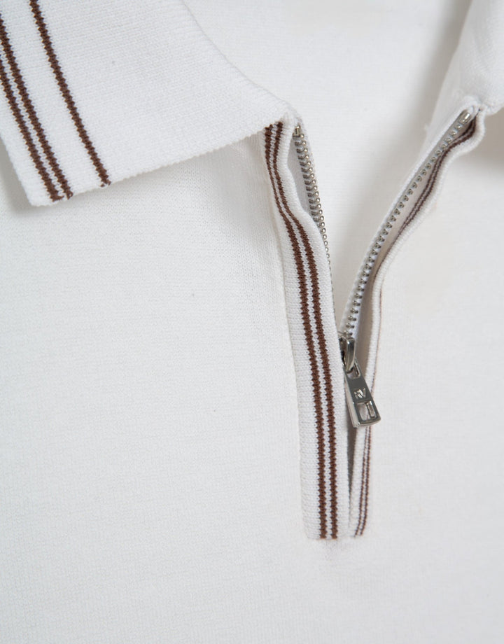 Polo Shirts | White knitted polo shirt with stripes on collar and cuffs by Spanish designer Roberto Verino