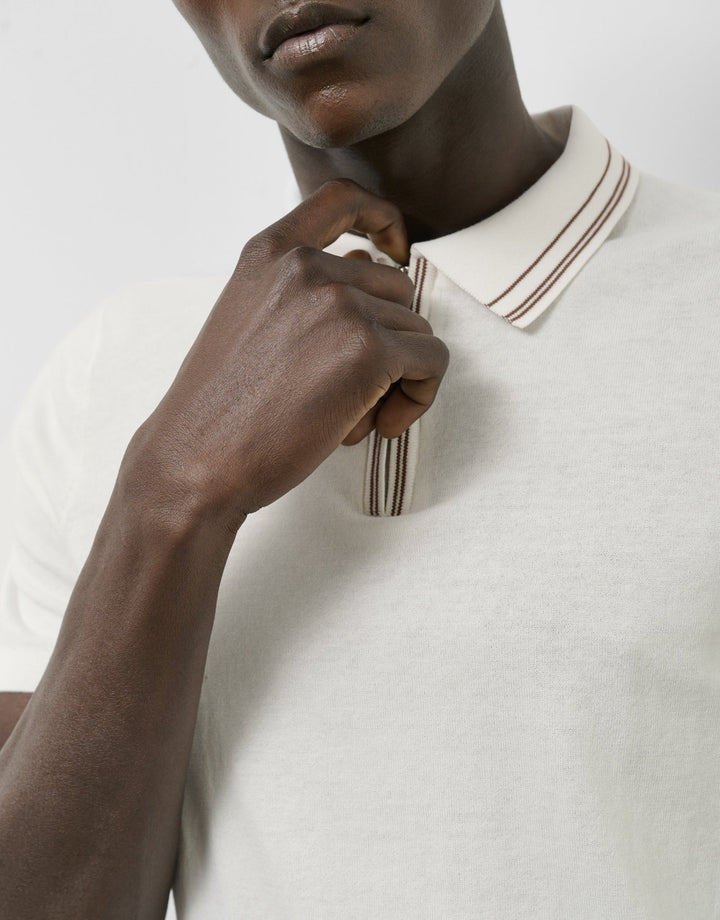 Polo Shirts | White knitted polo shirt with stripes on collar and cuffs by Spanish designer Roberto Verino