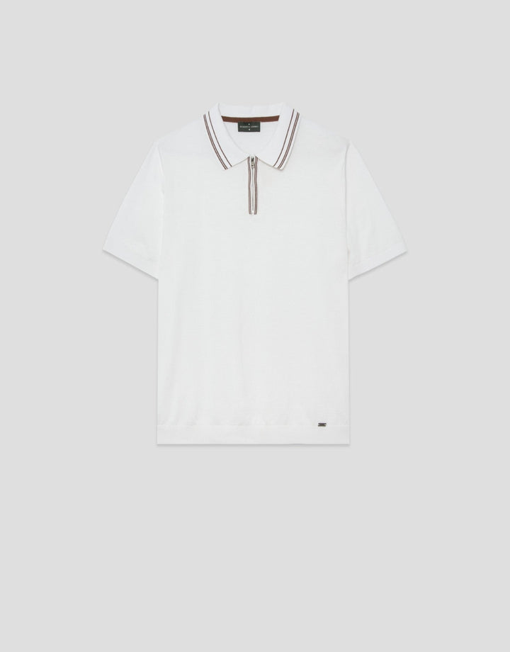 Polo Shirts | White knitted polo shirt with stripes on collar and cuffs by Spanish designer Roberto Verino