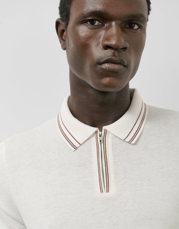 Polo Shirts | White knitted polo shirt with stripes on collar and cuffs by Spanish designer Roberto Verino
