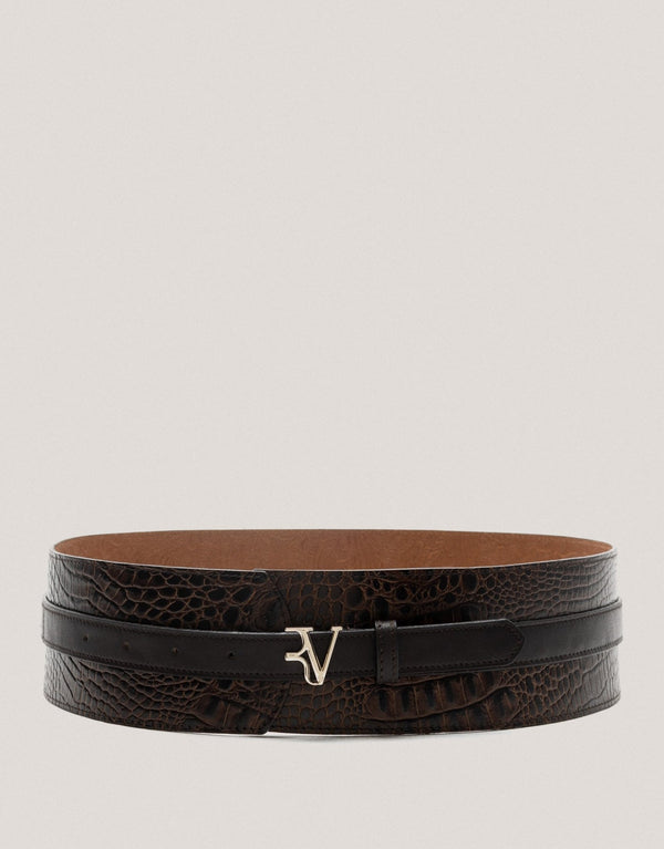 Belts | Wide sash belt engraved coco leather brown by Spanish designer Roberto Verino